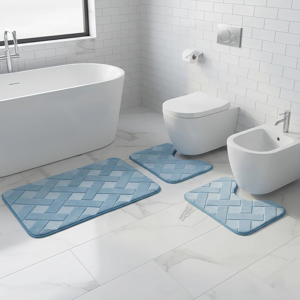 Set 3 Tappeti Bagno WC e Bidet Effetto Memory Morbidi Antiscivolo 1 Tappeto 45x75 cm 2 Tappeti 45x40 cm  Assorbenti,Lavabili Design Moderno Azzurro
