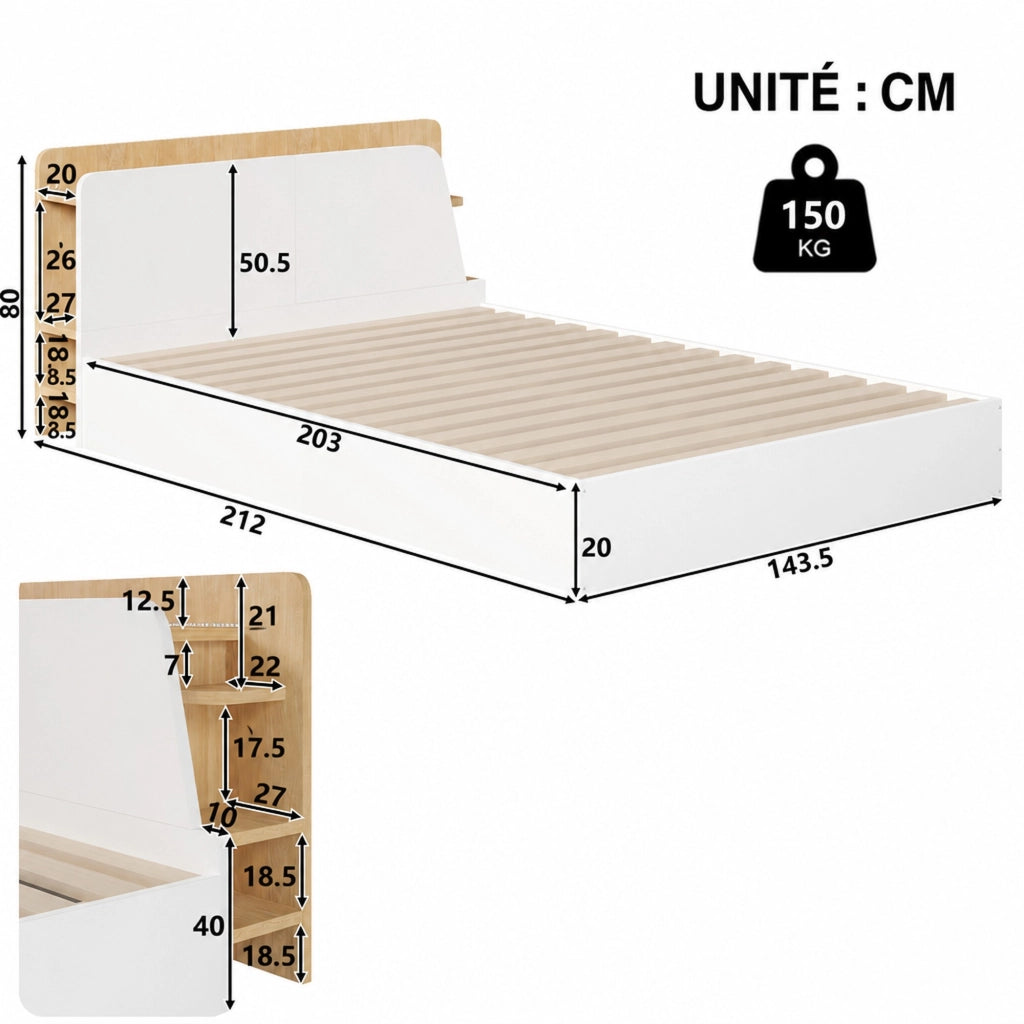 DESMIU Letto contenitore bambino 140 × 200 cm con USB, Type-C, LED, senza materasso, bianco e naturale