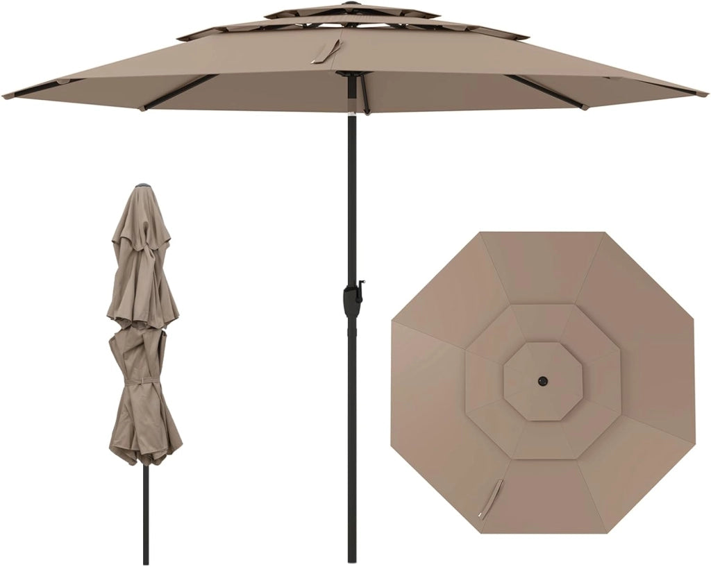 Ombrellone da Giardino 300 cm, Ombrellone Esterno con Inclinazione Regolabile, Ombrellone a 3 Livelli con Manovella 8 Stecche, per Giardino Piscina Cortile (Marrone)