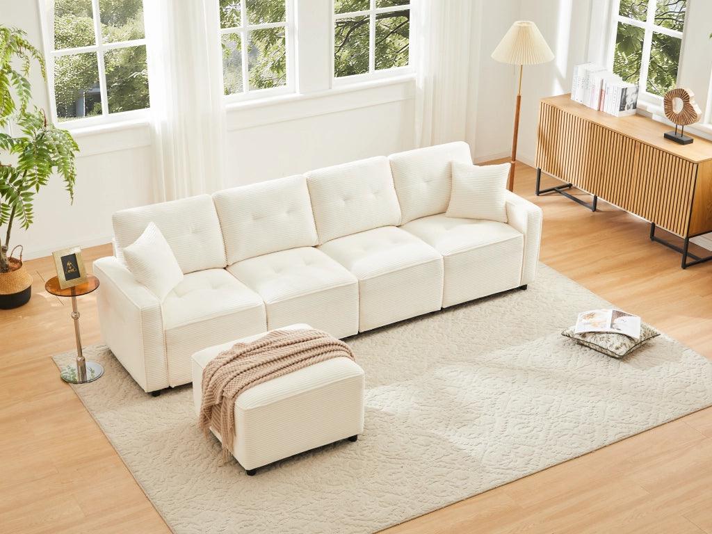 Divano modulare 4 posti con contenitore e pouf libero in velluto a coste beige 280×146×85 cm