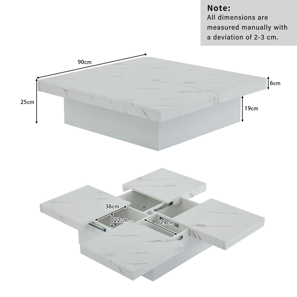 Tavolino da caffè 90x90x25 cm; 4 cassetti con piano scorrevole; truciolare effetto marmo bianco
