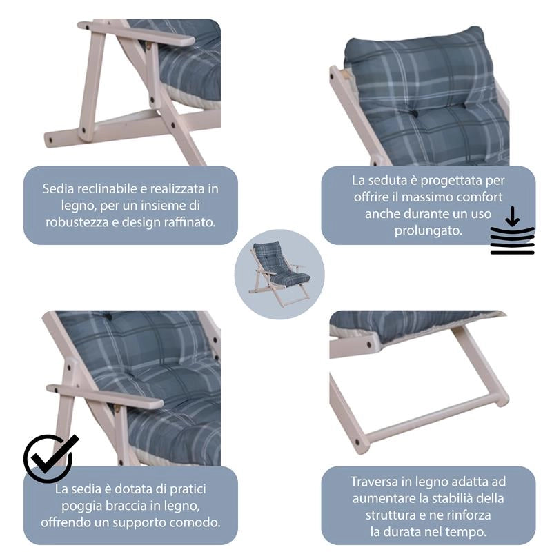 POLTRONA RELAX COMODONA GRIGIO SCOZZESE TELAIO IN LEGNO BIANCO IN LEGNO 3 POSIZIONI