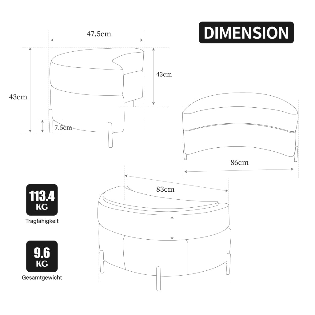 Pouf Contenitore Mezzaluna con Vassoio ¨C MINIMAL ¨C Tessuto Chenille, Grigio, Poggiapiedi