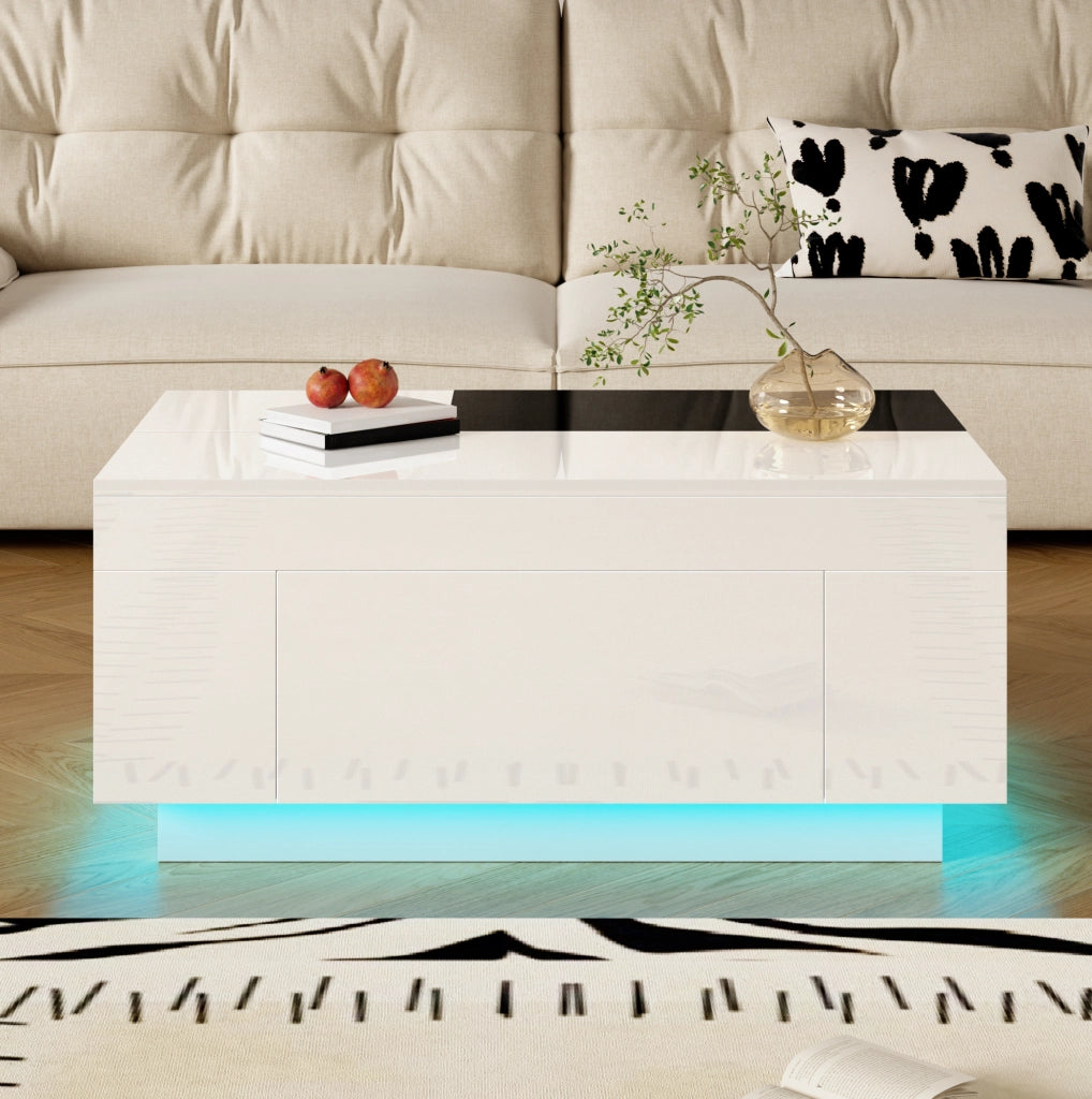 Tavolino da caffè moderno con LED, piano estraibile e cassetto nascosto