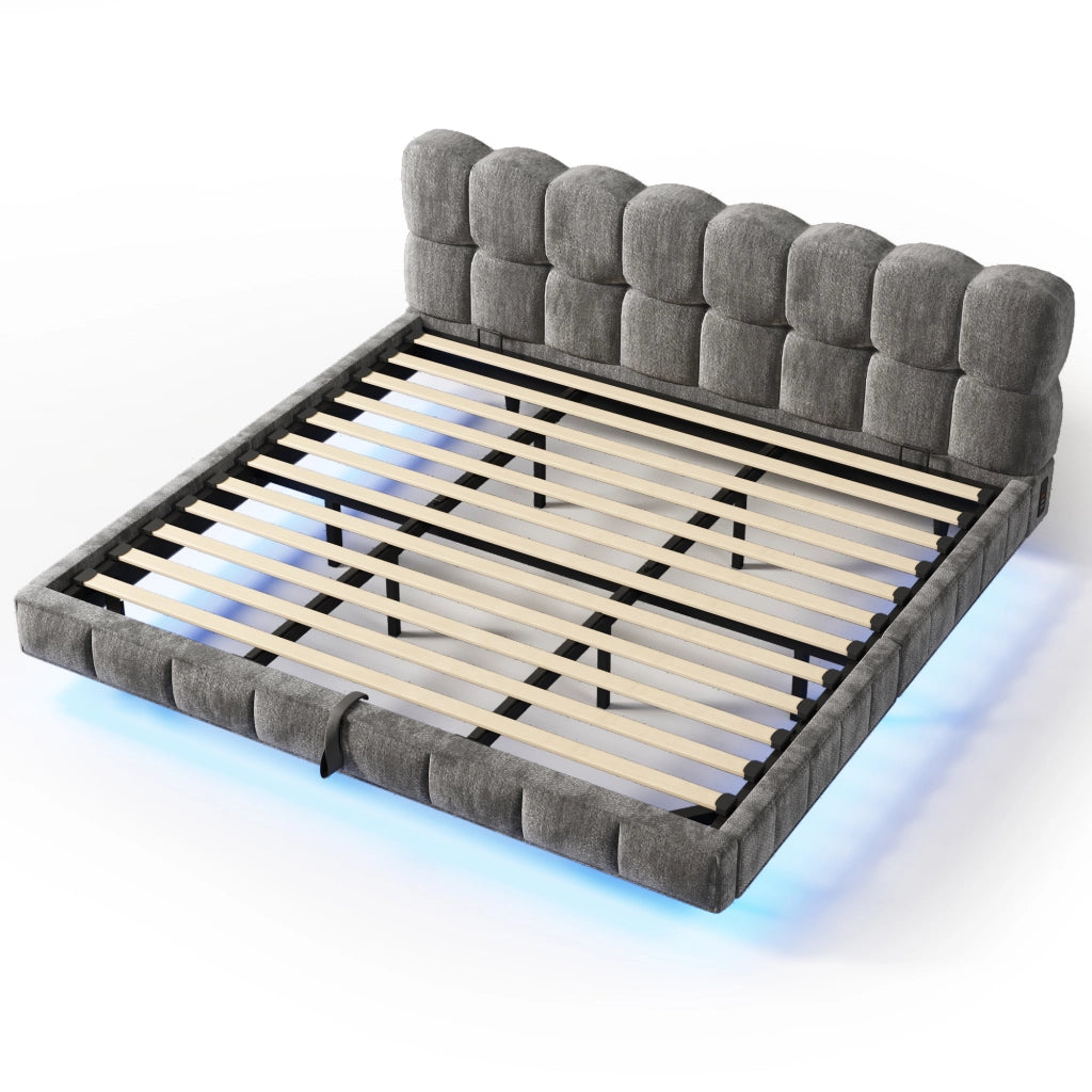 Letto imbottito 180x200 cm con contenitore idraulico e LED in ciniglia grigio