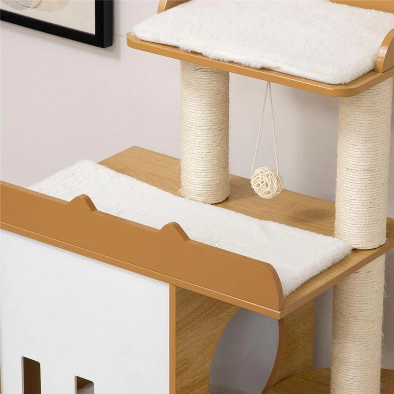 ALBERO PER GATTI IN MDF CON TIRAGRAFFI PER GATTI, 2 CASETTE PER GATTI, POSATOI E PALLINA DA GIOCO, 60X48X133 CM