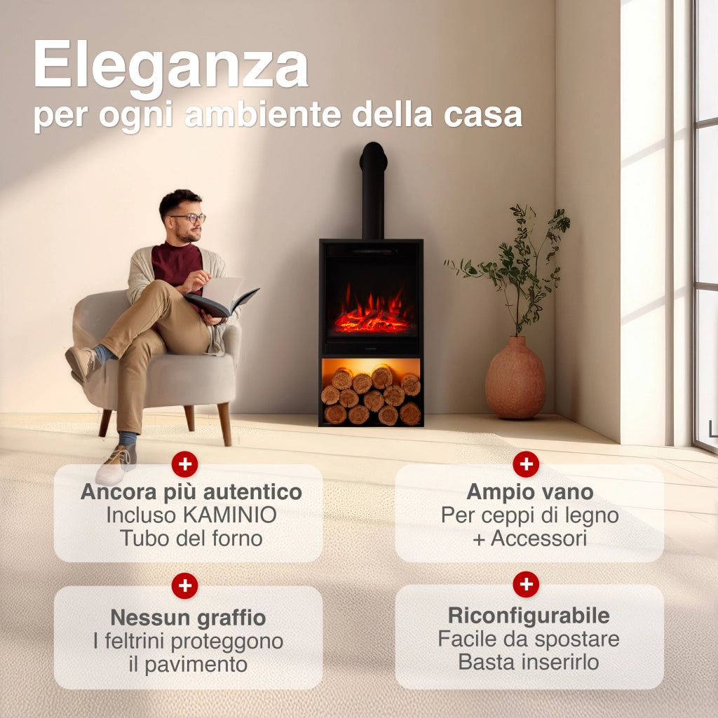 KAMINIO Camino elettrico HUGO con tubo del camino - Stufa elettrica riscaldamento, fiamma 3D, luce ambiente, scomparto de legno, telecomando - Nero