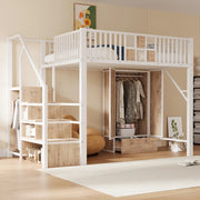 Letto a soppalco in metallo e legno con armadio, cassetti e scala contenitore, bianco, 140 x 200 cm