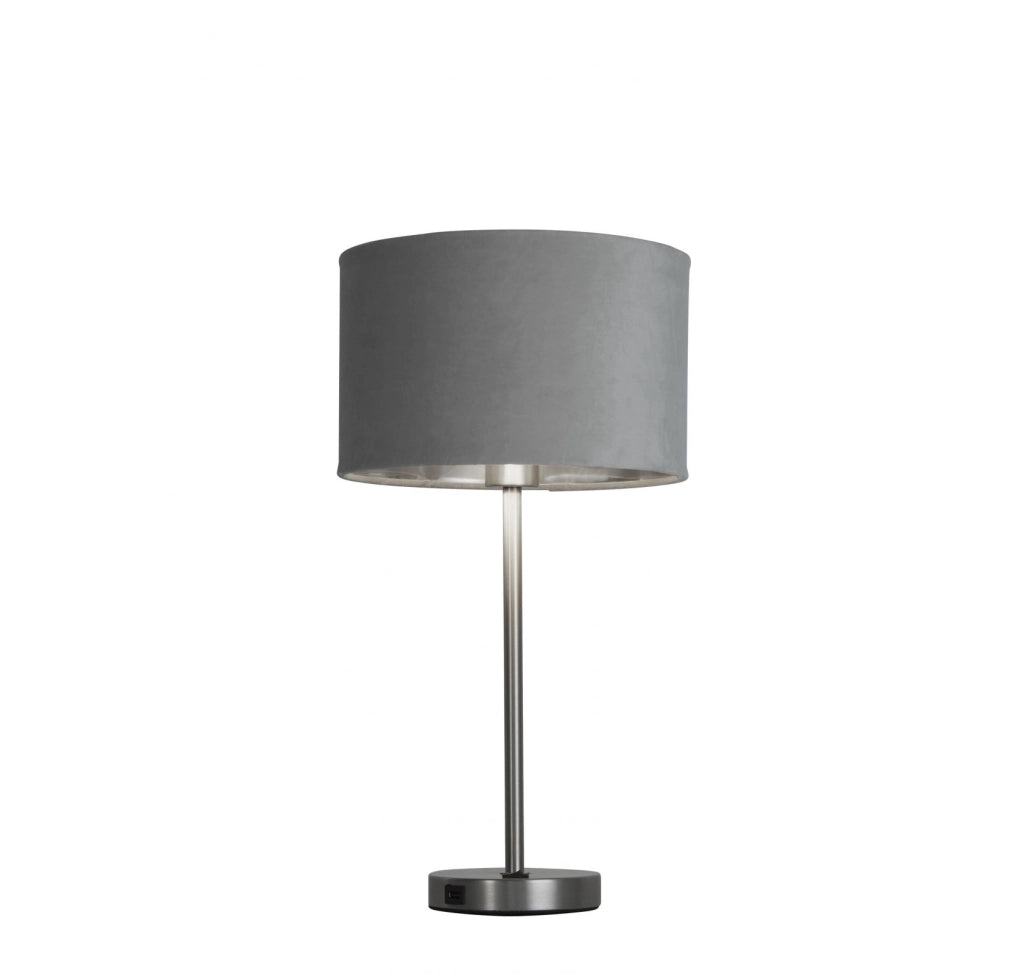 Lampada da tavolo USB Finn - Metallo nichel satinato e paralume in velluto grigio