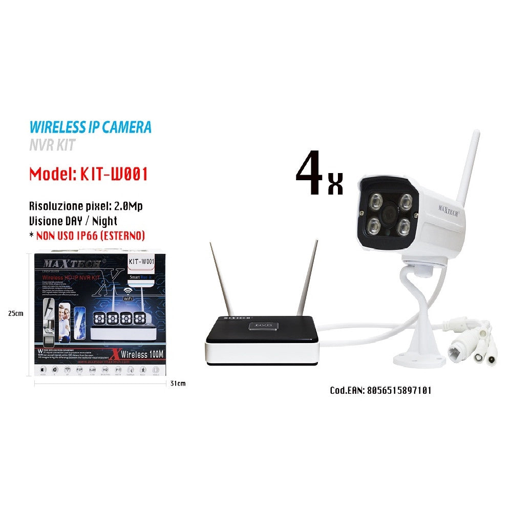Trade Shop - Kit Telecamere Videosorveglianza Wifi Wireless Hd Ip Nvr Fino 100m Maxtech Kit-w001 -