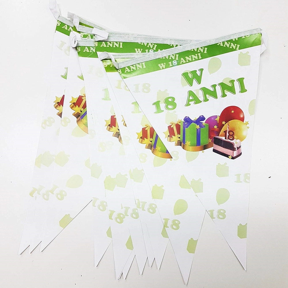 Trade Shop - Set 3 Pezzi Festoni 18 Anni Bianco Verde 12 Bandierine Compleanno Festone -