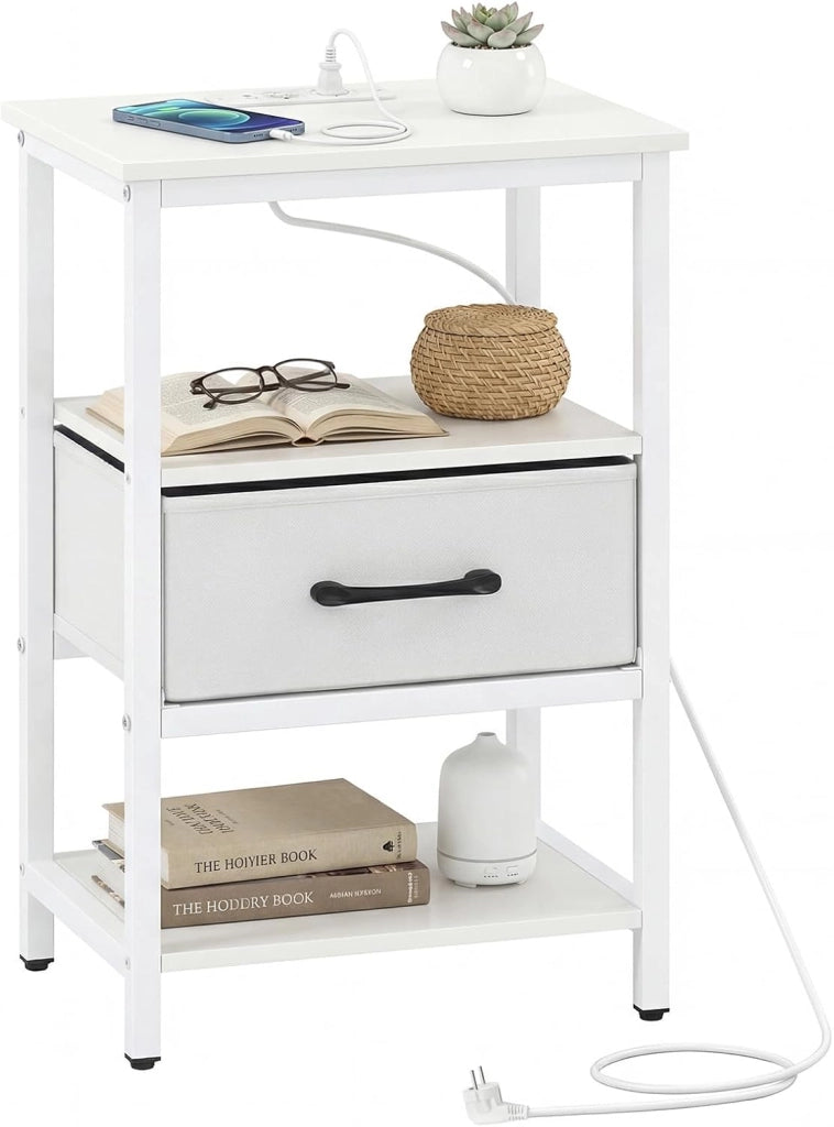 Comodino Camera da Letto con Stazione di Ricarica, 1 Cassetto, 3 Ripiani, Tavolino Laterale da Salotto, Mobiletto Moderno, Salvaspazio, in Legno e Metallo, 40 x 30 x 61 cm, Marrone /Bianco (Bianco)