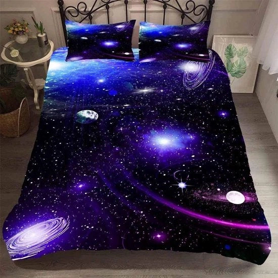 Dekbedovertrek a Stelle Celesti - Blu/Nero/Viola (140 x 200 cm) con Cuscino Copri (Viola-Nero)