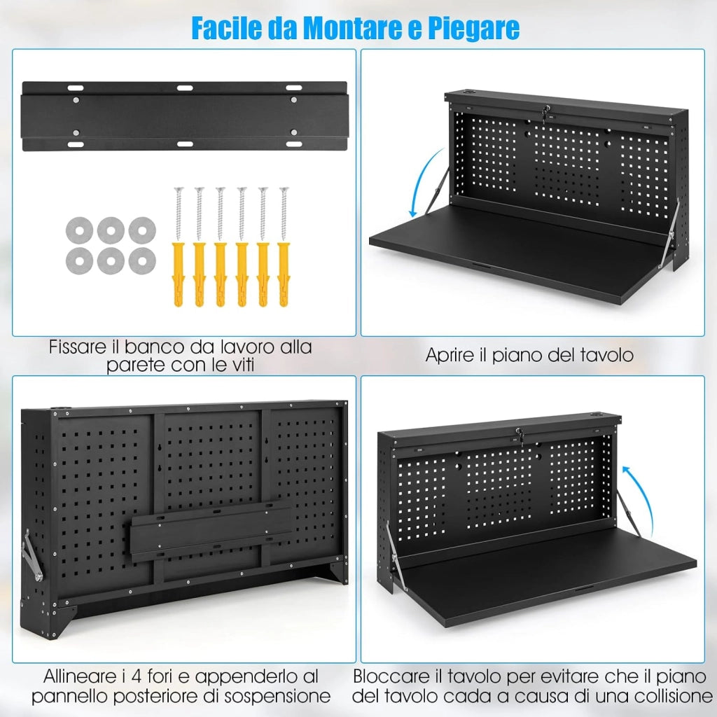Banco da Lavoro Pieghevole a Parete, Organizzatore 2 in1 con Pannello Portautensili e Piano Spazioso, Tavolo da Lavoro Appeso per Garage, Magazzino, Officina, Nero