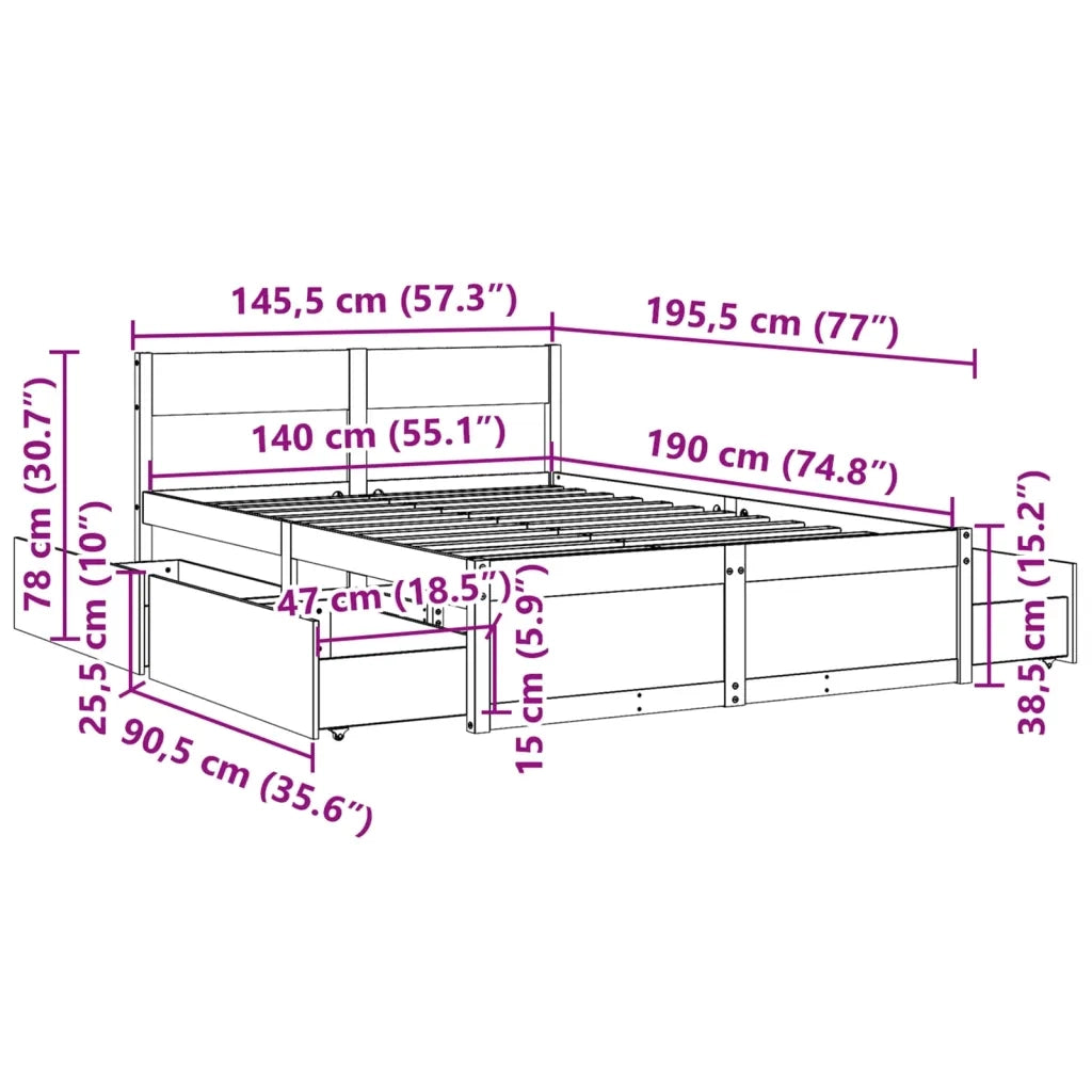 Letto matrimoniale | Letto per adulti | Letto senza Materasso 140x190 cm in Legno Massello di Pino