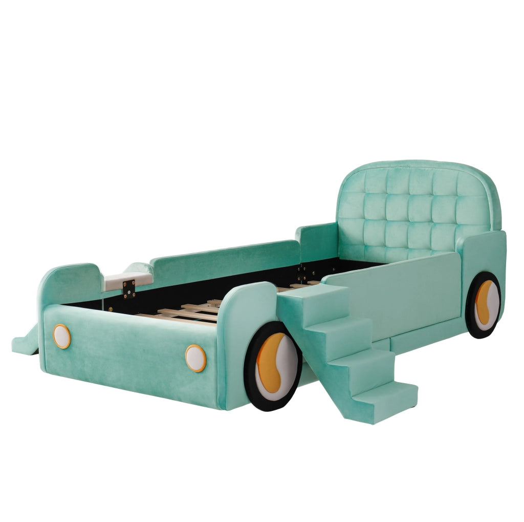 Letto a forma di auto 90x200 cm con scivolo e scala; velluto blu-verde