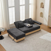Divano in Chenille grigio con contenitore, schienale reclinabile 3 posizioni, 2 cassetti, portabicchieri e struttura in MDF, 217 cm.