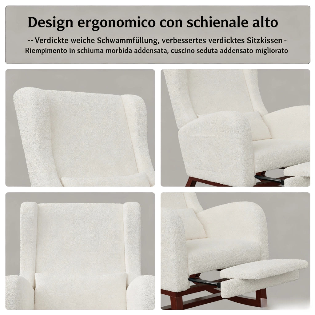 Poltrona relax a dondolo 67x64x99cm con poggiapiedi e tasche sedia a dondolo da interno per allattamento struttura in legno e teddy; bianco