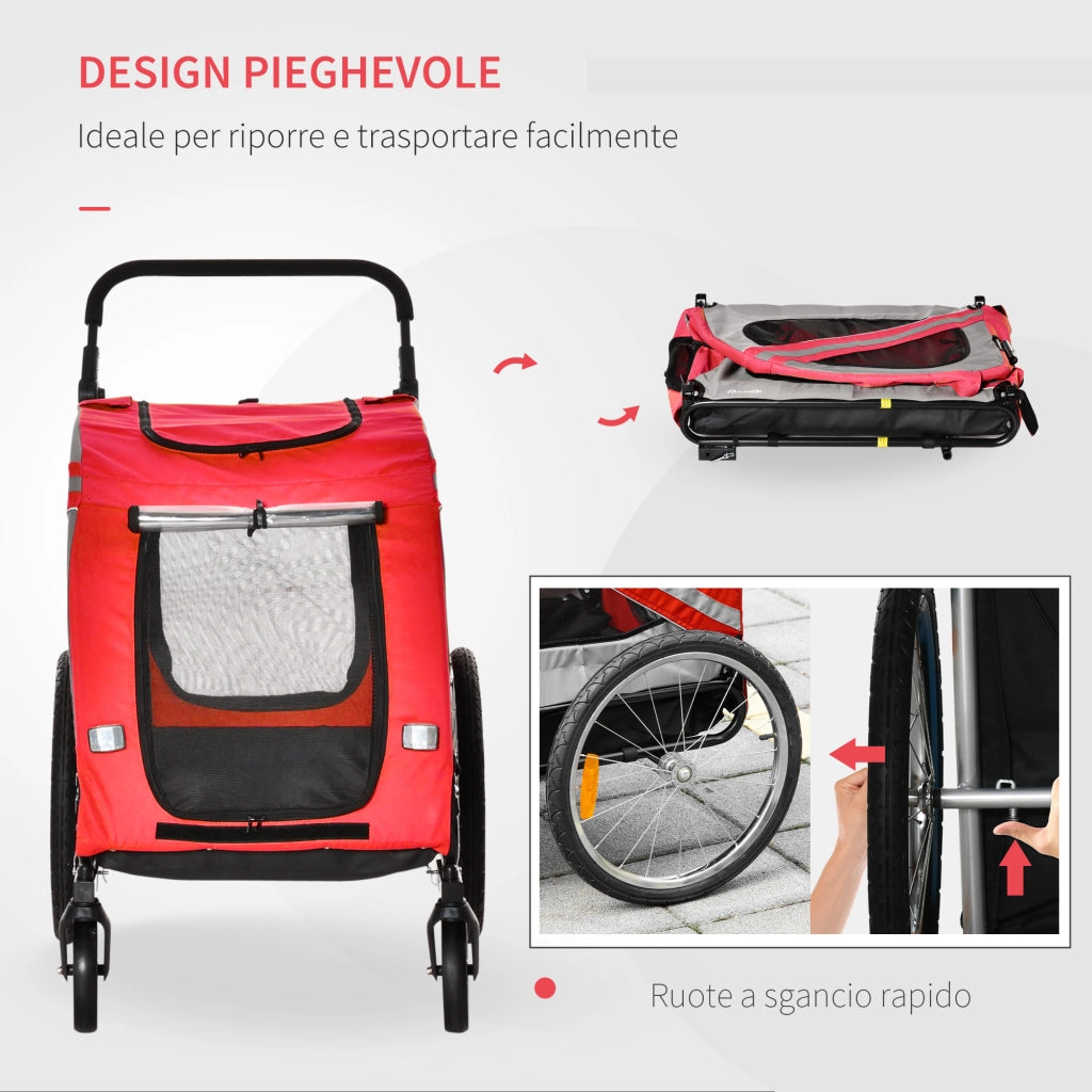 Easycomfort Rimorchio Cani con Ingresso a Cerniera, Ruote e Bandiera, in Acciaio e tessuto Oxford, Rosso Argento Nero