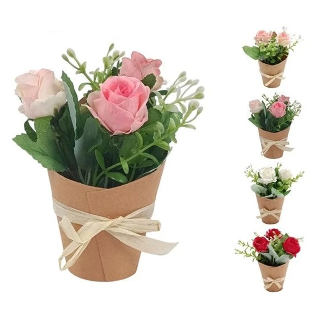 Trade Shop - Set 12 Pz Bouquet Di Fiori Finti Piantina Rose In 4 Colori Con Cartoncino Fiocco 656891 -