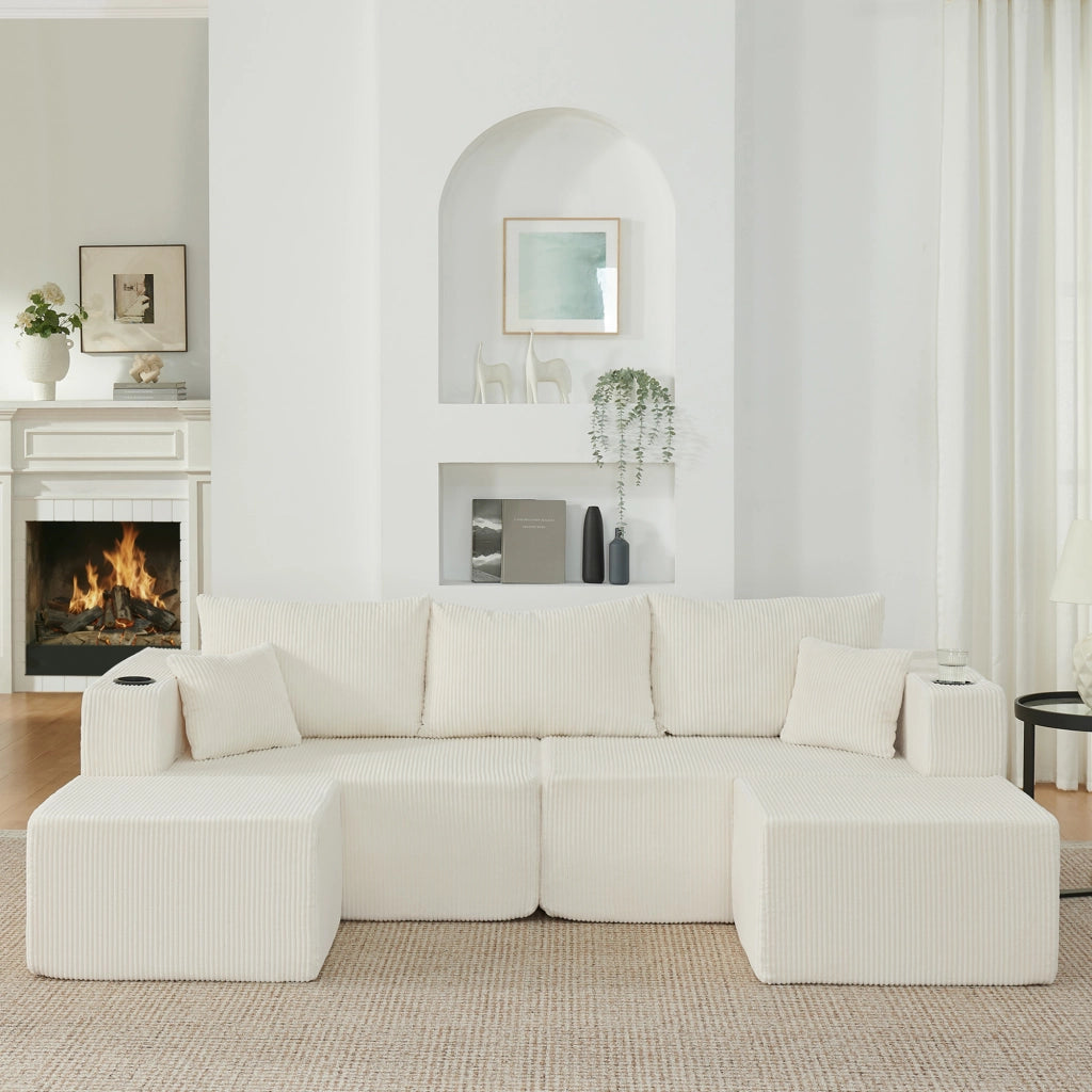 Divano angolare modulare 3 posti con pouf mobili, portabicchieri e tasche laterali, in tessuto a coste beige
