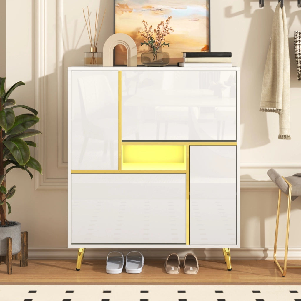 Scarpiera moderna bianca 80x25x96 cm con ante lucide; ripiani regolabili e LED multicolore