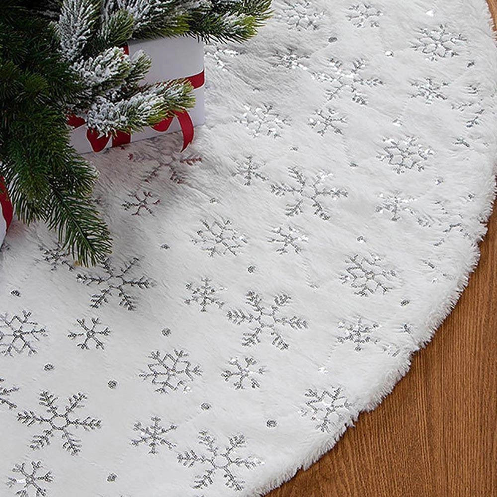 Trade Shop - Tappeto Gonna Copertura Base Albero Di Natale 80cm Peluche Fiocco Di Neve Silver -