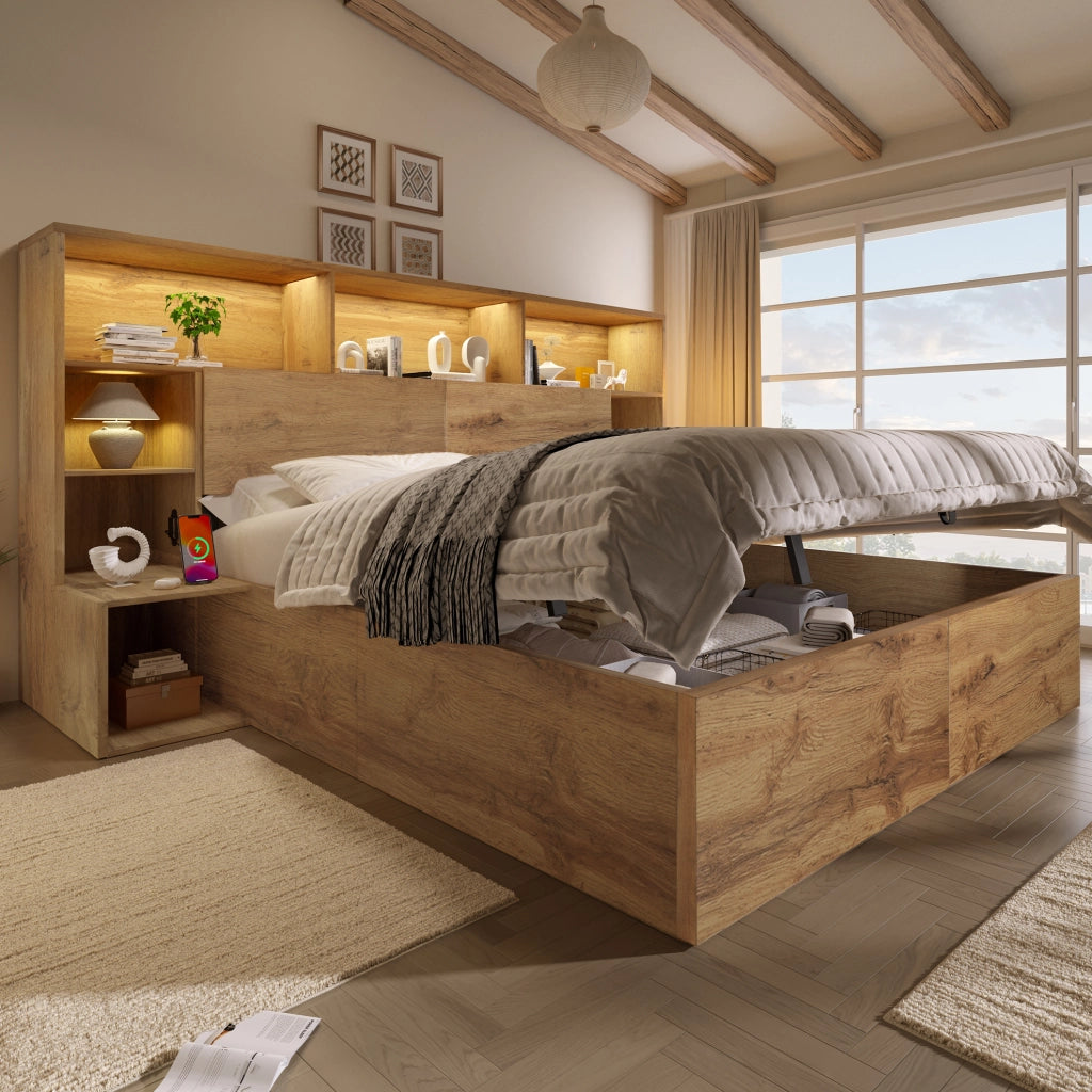 Letto matrimoniale in effetto rovere con testiera contenitore, LED e porte USB-C