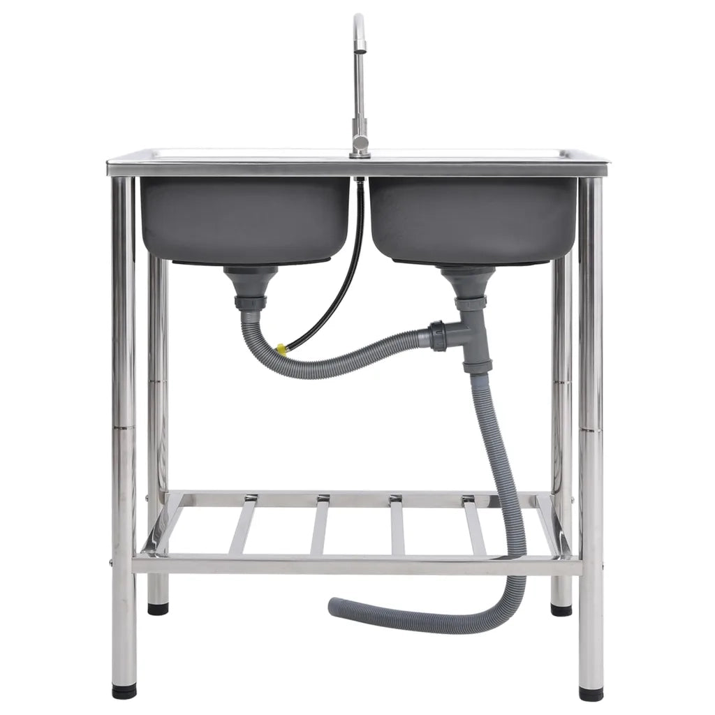Lavello da Campeggio Vasca Doppia con Rubinetto-Lavandino-Lavabo in Acciaio Inox 119266