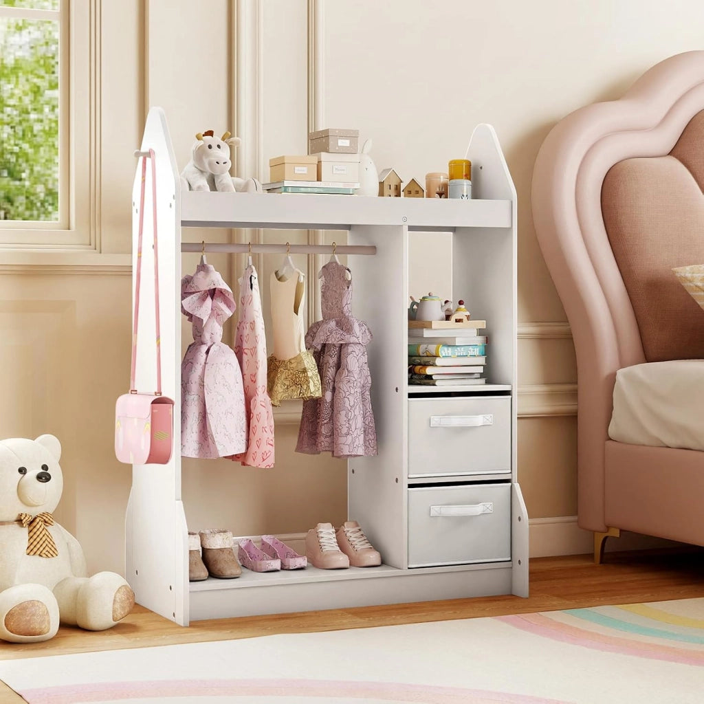 Guardaroba per Bambini, Armadio Gioco con Specchio Appendiabiti, Cassette in Tessuto Pieghevoli, Organizer per Stanza e Camera da Letto, 81 x 38 x 107 cm (Bianco)