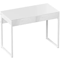 Scrivania Moderna con 2 Cassetti e Gambe in Acciaio, 100x50x75 cm, Bianco Lucido