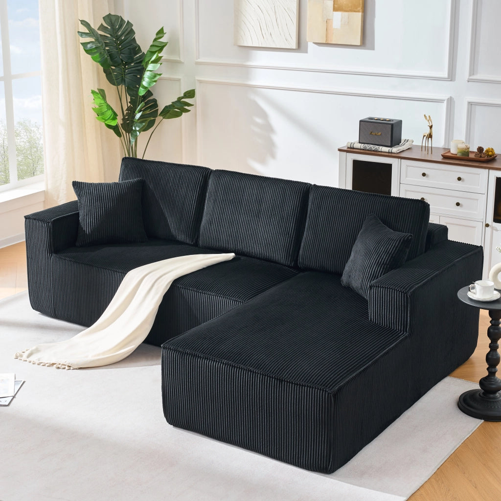 Divano Angolare 2 Posti con Chaise Longue ¨C MINIMAL ¨C Tessuto a Coste, Nero, Modulare