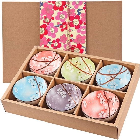 Set di 6 Ciotole in Ceramica, Disegno Sakura, Ciotole Giapponesi per Muesli, Zuppa e Dessert