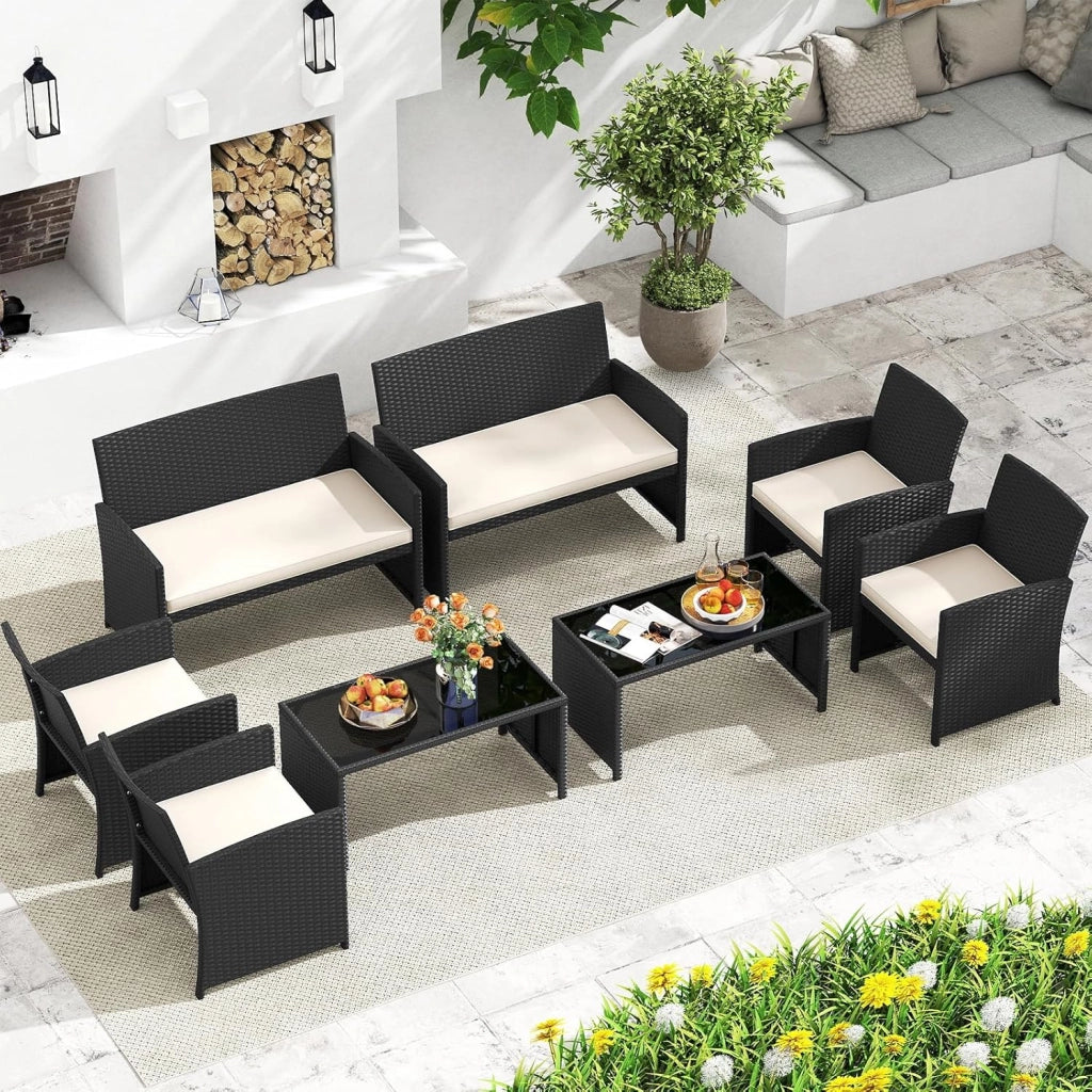 Set Salotto da Giardino 4 Pezzi, Divanetto e Poltrone in Rattan con Tavolino da Caffè in Vetro Temperato, Set di Mobili da Esterno Imbottiti per Cortile, Veranda e Bordo Piscina (Bianco)