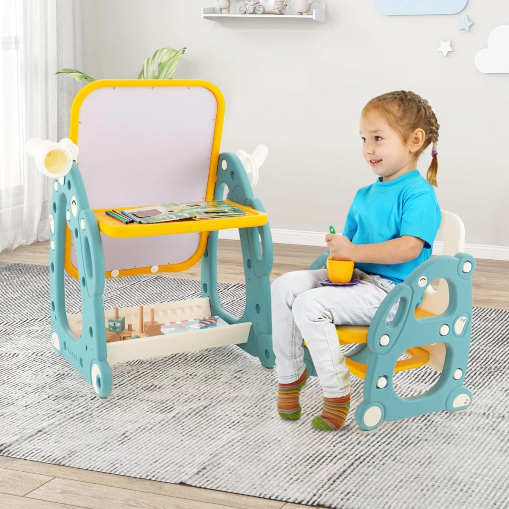 Tavolo da disegno per bambini con sedia, Set tavolo e sedia per attivit¨¤ con lavagna bianca regolabile a 3 livelli Blu-Tavoli e sedie