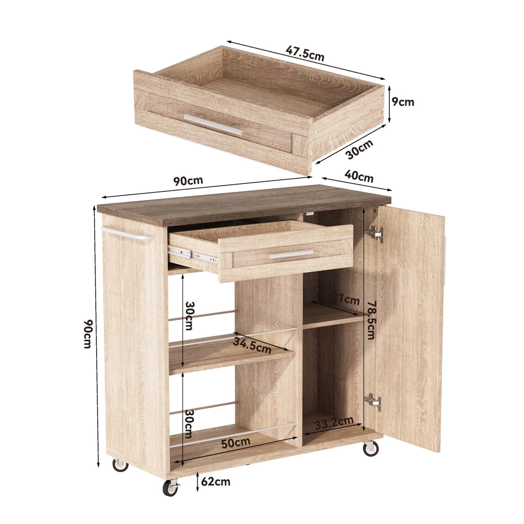 Carrello da cucina con cassetto; mobiletto; 2 ripiani aperti; porta asciugamani e ruote; 90 × 62 × 90 cm