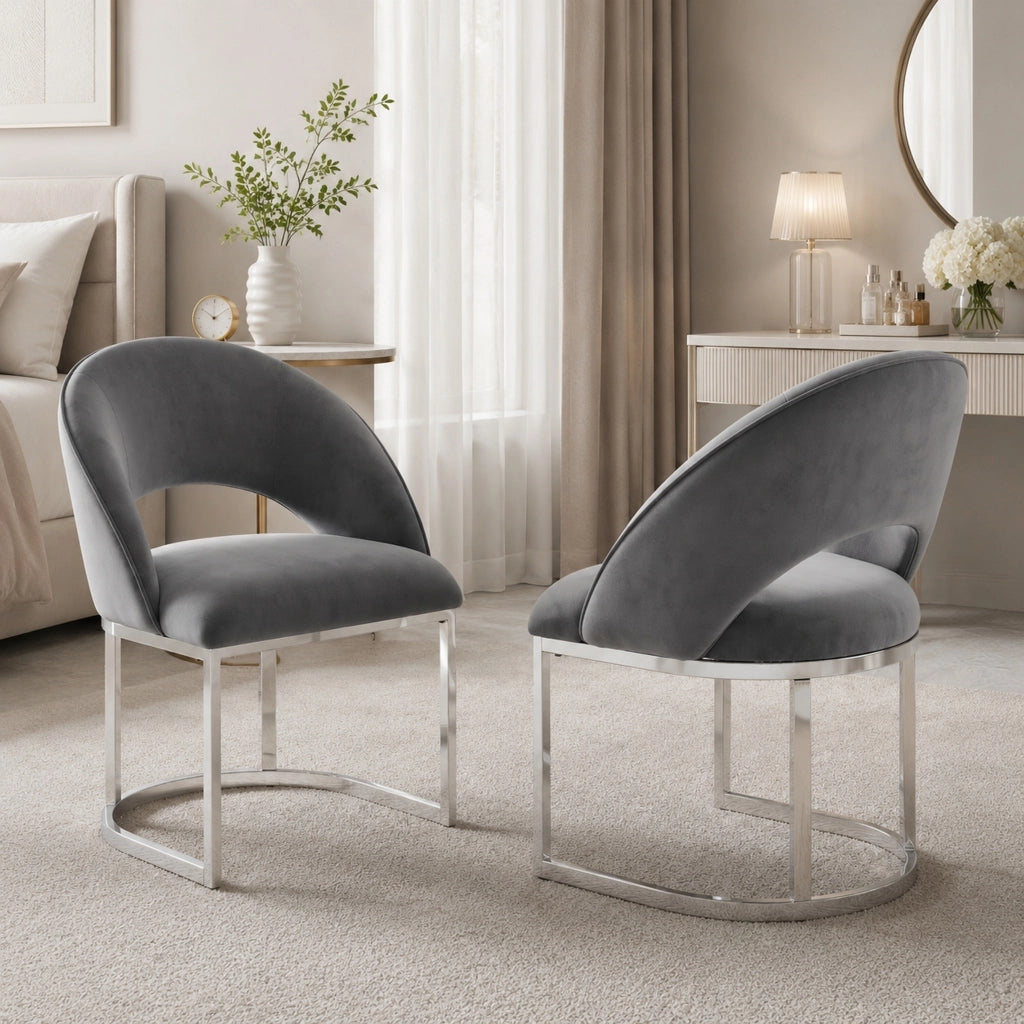 Set di 2 sedie da pranzo 67.01x61.01x53.19 cm in velluto; gambe in metallo; grigio e argento
