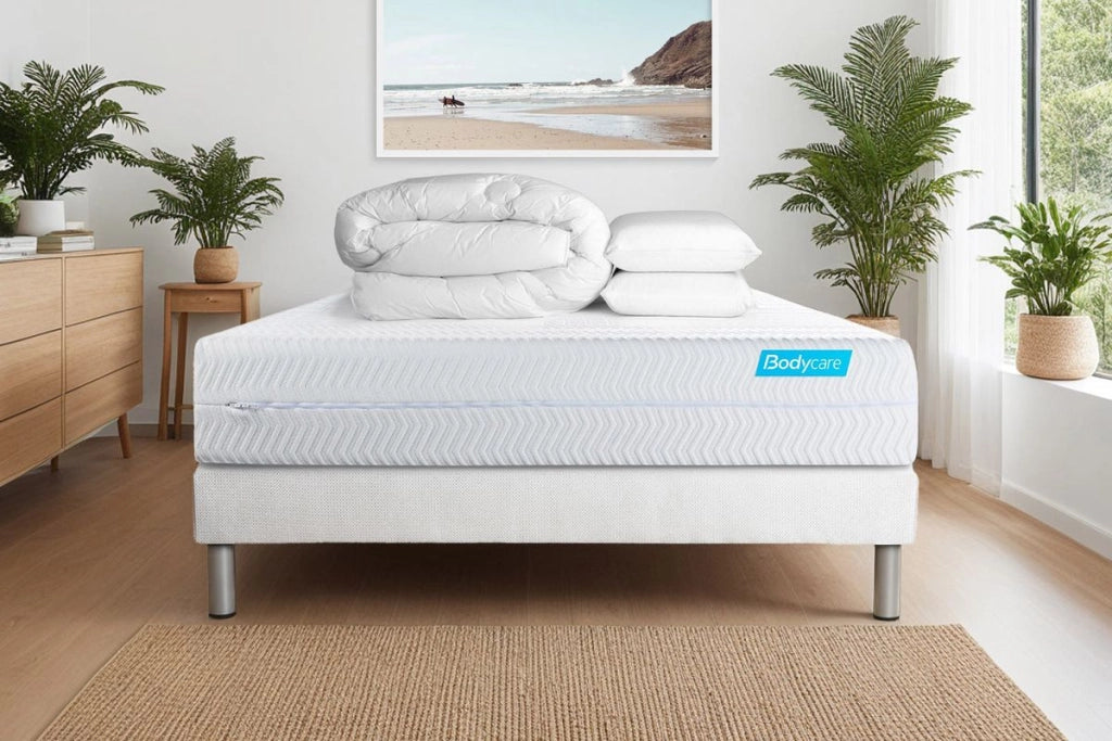 Pacchetto letto completo - Materasso 160x200cm + Box spring con doghe (kit) + 2 cuscini + Piumino - Biocare