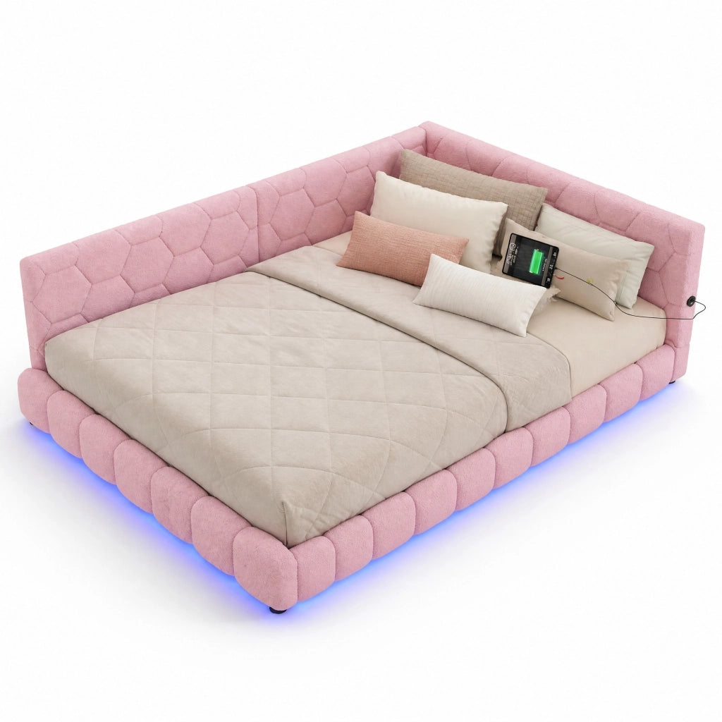 Letto daybed 140x200 cm con rete a doghe; luce LED regolabile; USB e Type-C; rosa