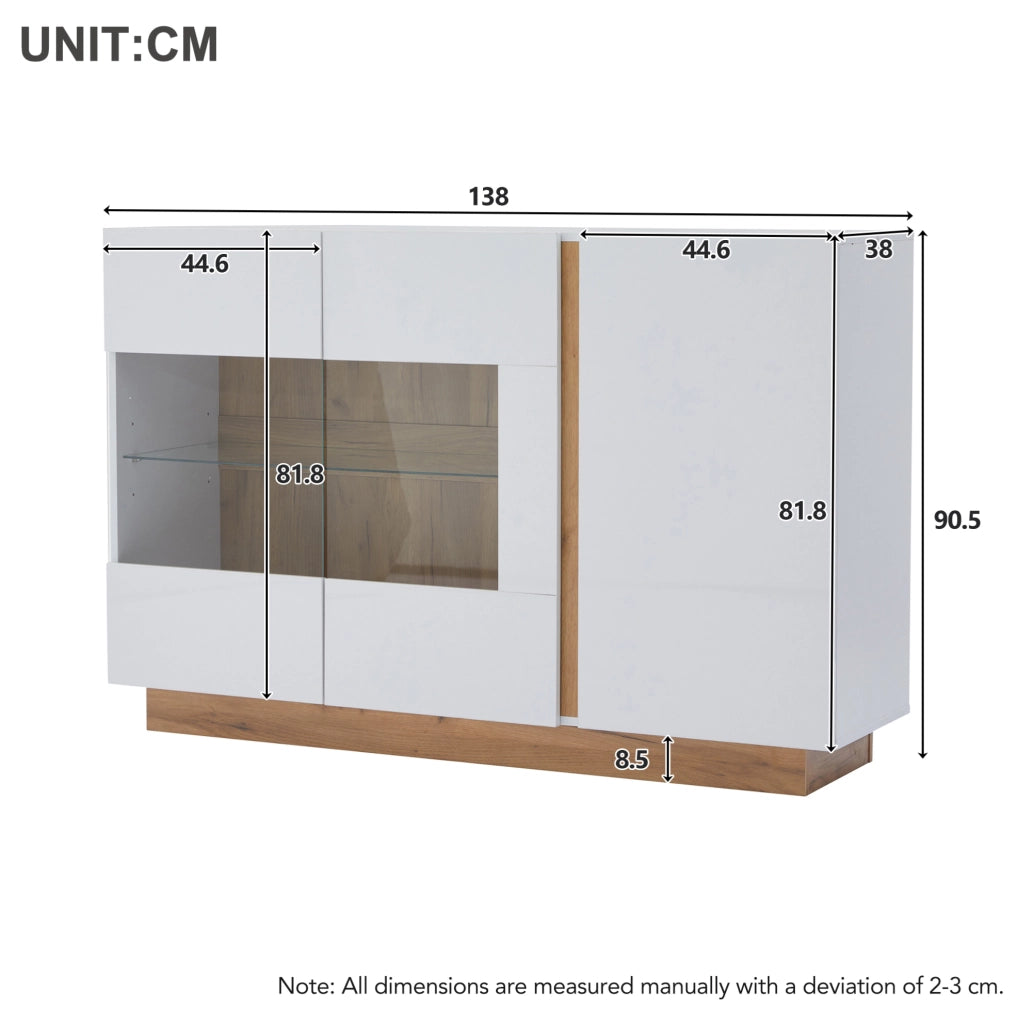 Credenza con 3 ante; luci LED RGB e finitura lucida in truciolato bianco