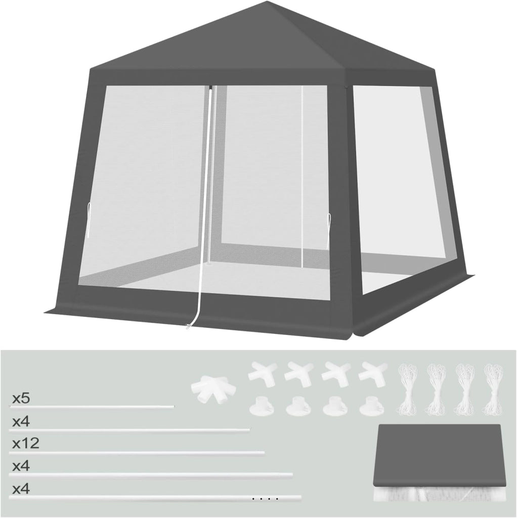 Gazebo 3x3 Pieghevole Impermeabile, Pergolato da Giardino, Gazebo da Esterni, con Pareti Laterali a Zanzariera, per Campeggio, Feste, Grigio