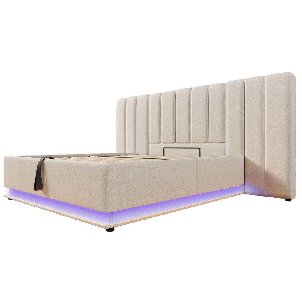 Letto matrimoniale 180x200 cm con contenitore; LED 360掳; USB e Type-C; beige in lino