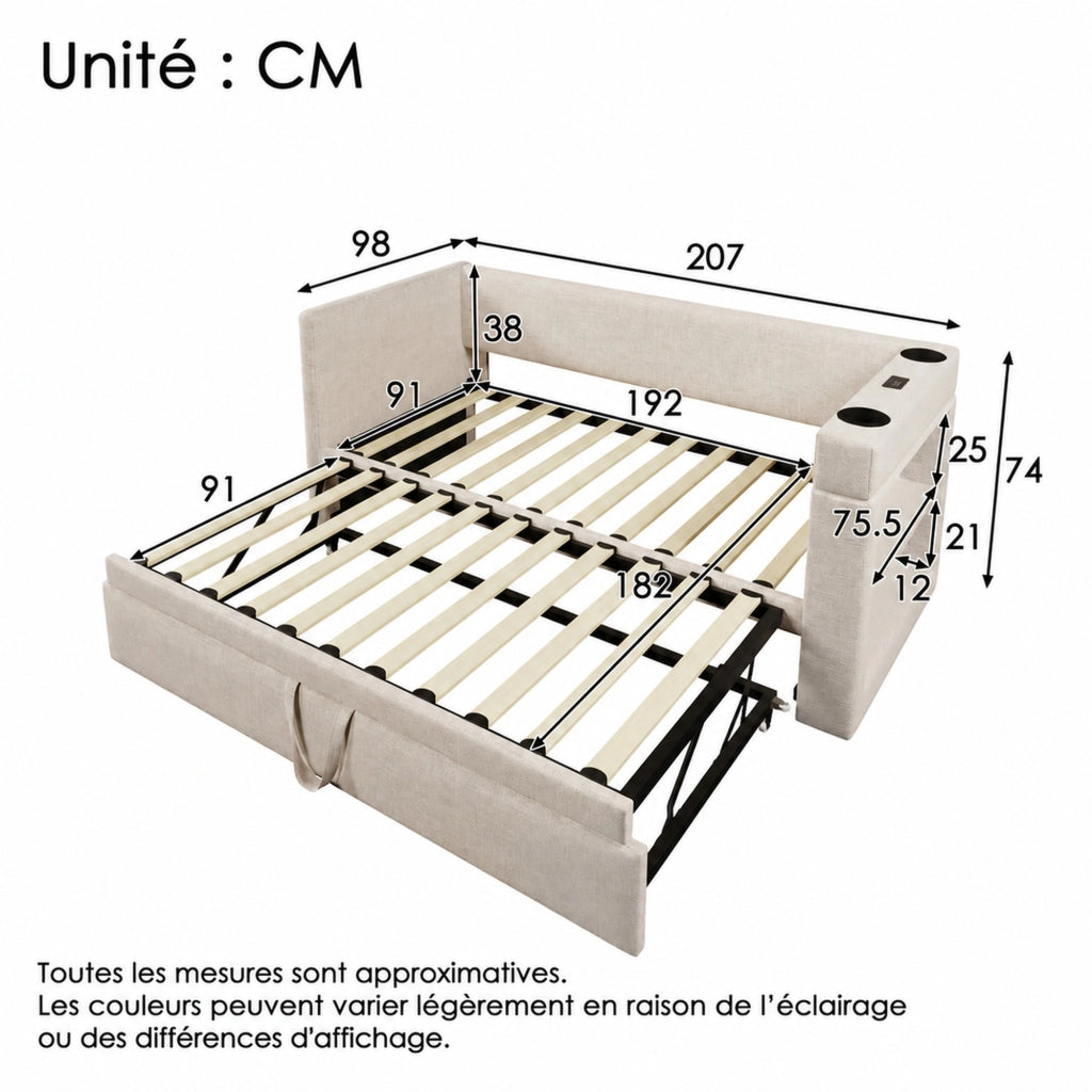 Divano letto ULEVR 90x190 cm estraibile con USB, Type-C, portabicchieri e vani aperti, beige