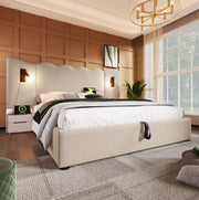 Letto contenitore 180x200 cm con lampada da lettura e ricarica USB e Type-C in lino beige