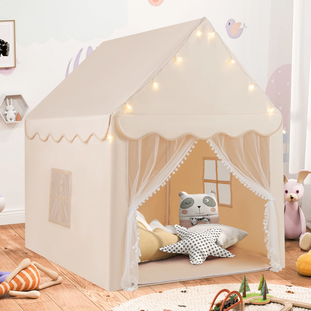 Tenda da gioco per bambini con tappetino lavabile-Tenda castello fatato con luci a forma di stella Beige