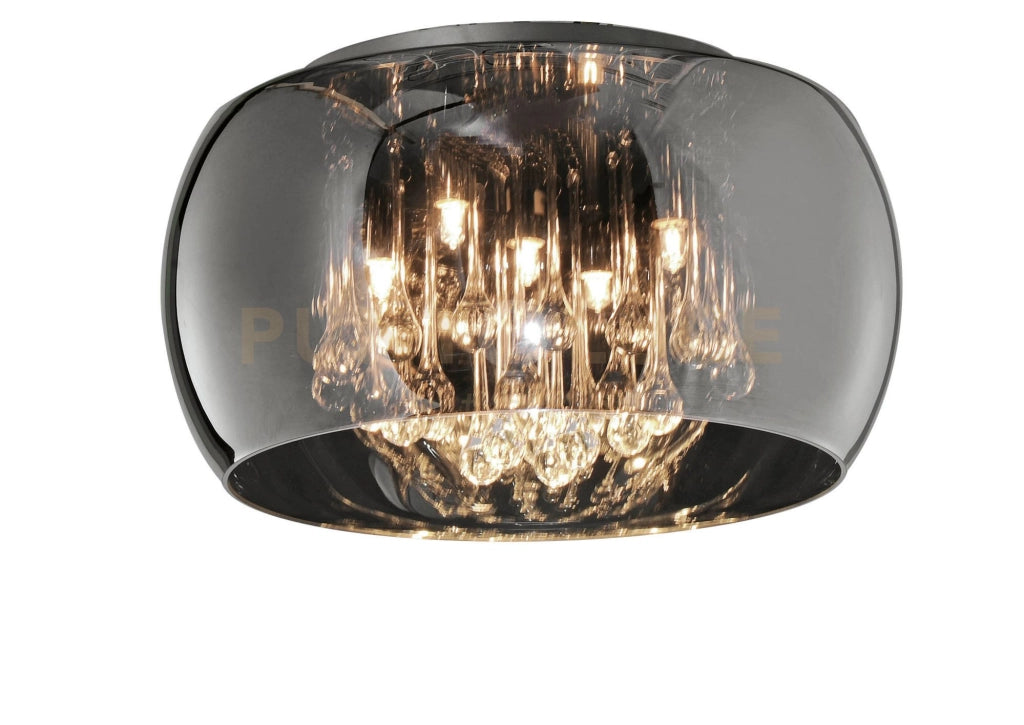 VAPORE PLAFONIERA VETRO CROMO CON PENDAGLI VETRO DIMMERABILE D. 40CM 5 LUCI ATTACCO G9