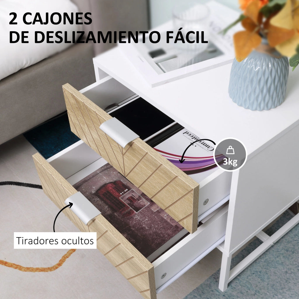 Comodino con 2 cassetti ¨C Minimal ¨C 45x39x48 cm bianco e rovere