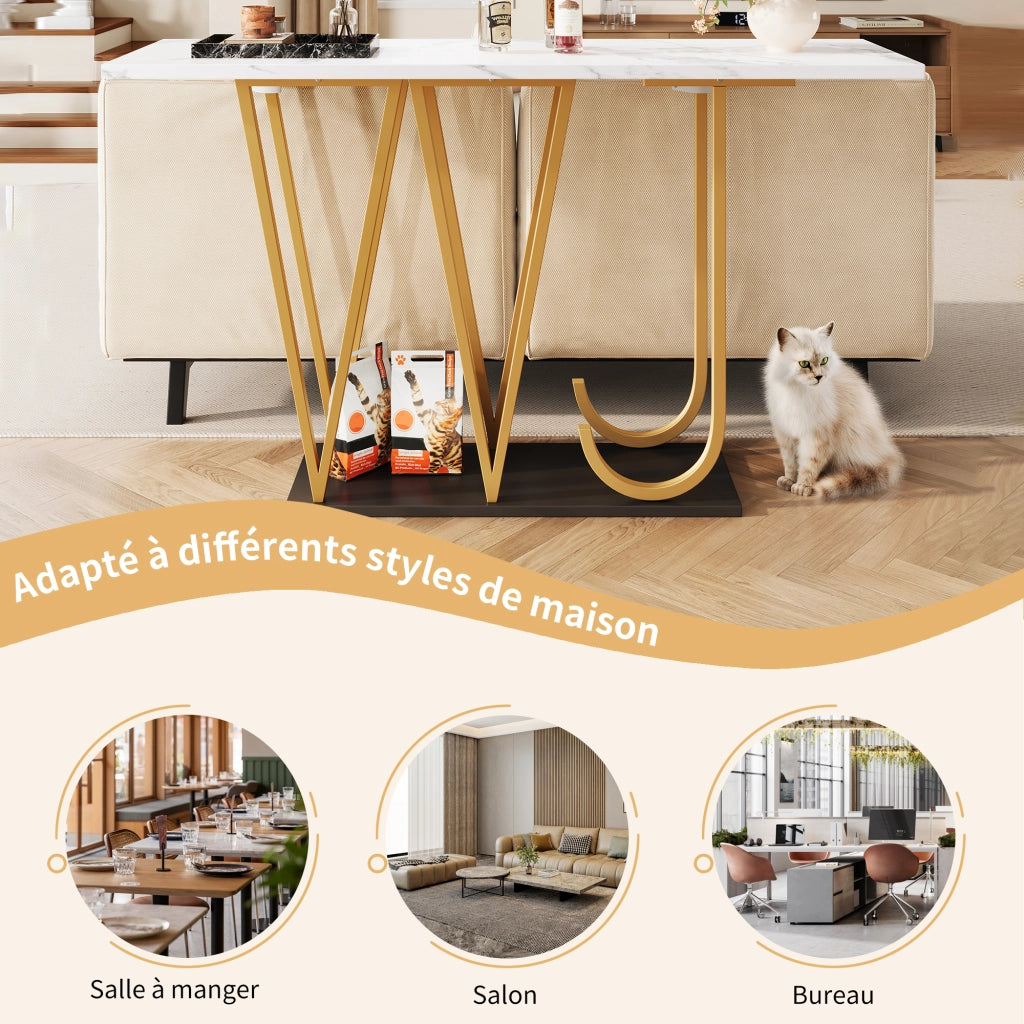 Consolle con vano aperto e piano in effetto marmo, per ingresso e soggiorno, in MDF e metallo bianco, 120 × 29,5 × 80 cm