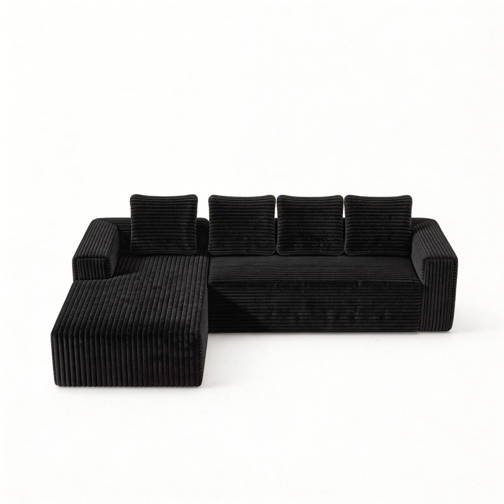 Divano angolare modulare reversibile con chaise e seduta profonda in velluto a coste nero 261 × 168 × 58 cm