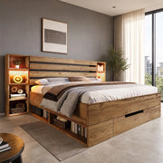 LETTO Matrimoniale 160x200 cm con LED USB e cassetti in legno e metallo rovere